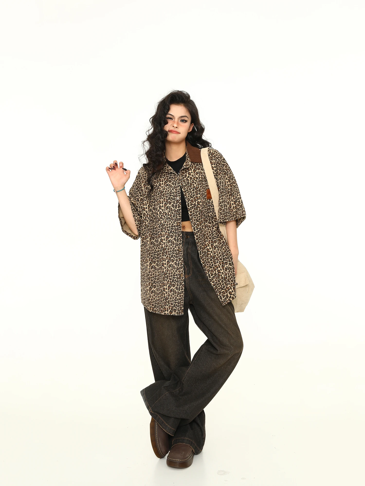 Camicia a maniche corte da donna con stampa leopardata, collo alto, denim, cotone lavato, giunture, moda, giacca casual monopetto per coppia