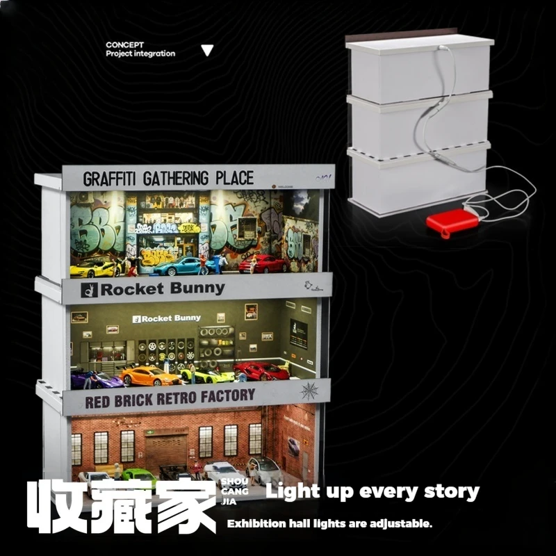 Coletor 1:64 modelo de cena em miniatura de oficina de carro, simulação de estacionamento com luzes, caixa de exibição de armazenamento de garagem