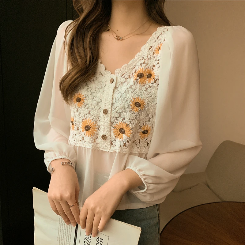 Crochet Top Chiffon Flower Embroidery Daisy Long Sleeve Button Front Fake Two-Piece Blouse Spring Summer Fairycore Cottagecore