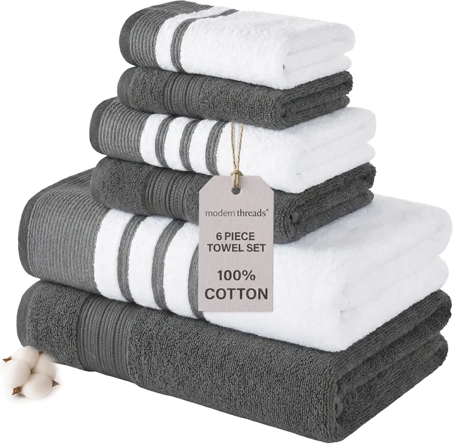 

6-Piece Towel Set: 100% Cotton, Quick Dry, Ultra Absorbent – 2 Bath, 2 Hand, 2 Washcloths (White/Reinhart Charcoal)