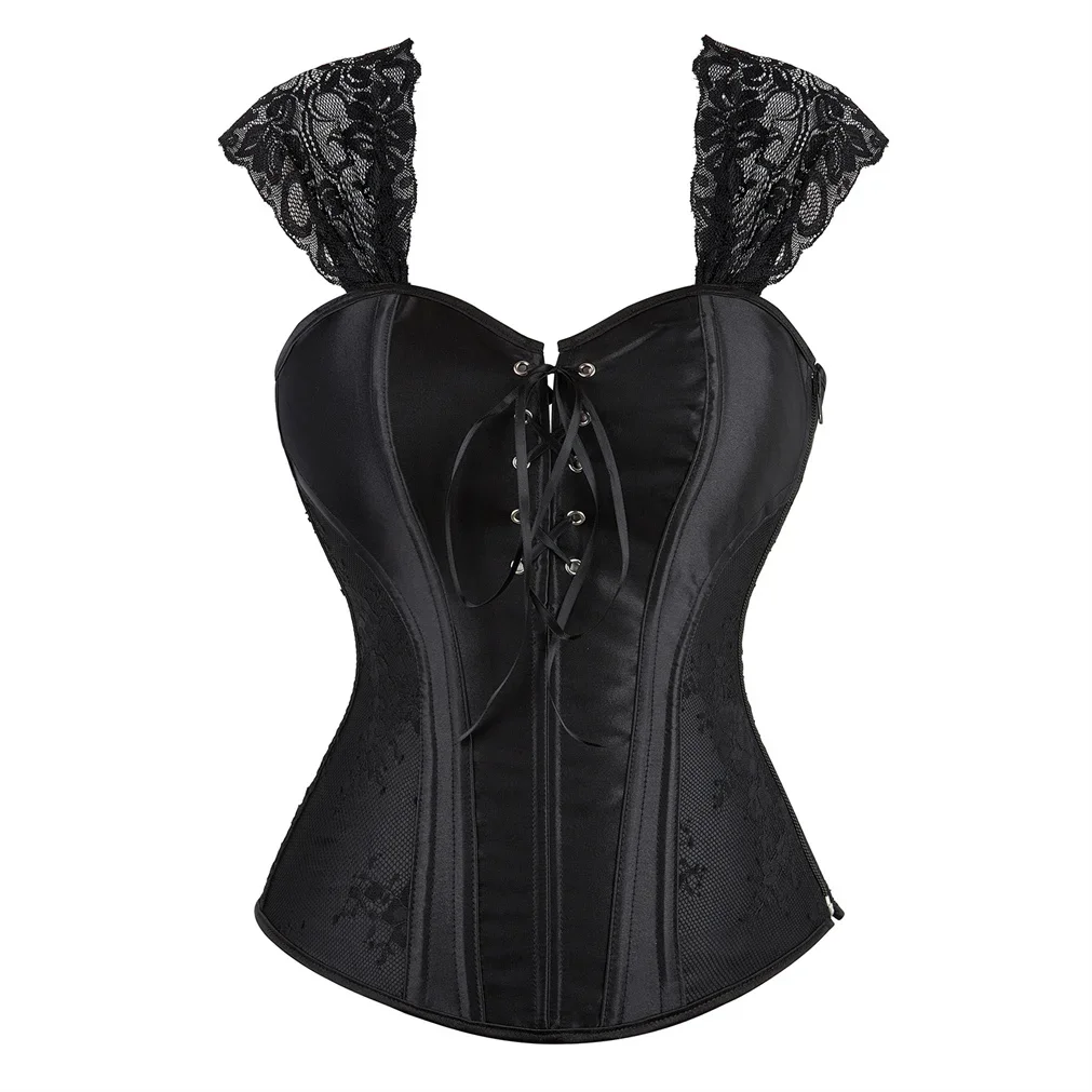 

Women Black Satin Overbust Corset Tops Gothic Lace-up Side Zipper Boned Bustier Vintage Lace Flower Shoulder Strap Korset