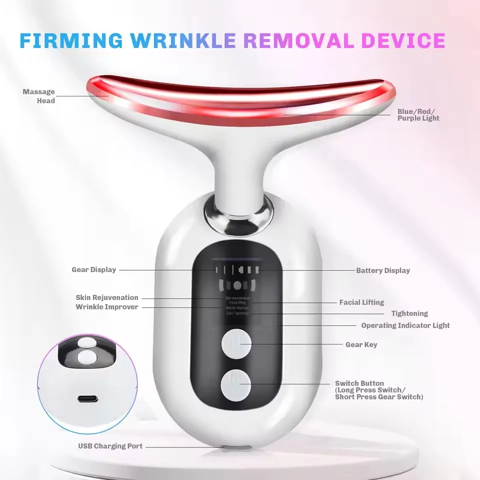 

EMS Neck Face Beauty Device Facial Lifting Double Chin Remover Wrinkle Removal LED Light Therapy Skin Lift Tighten Massager