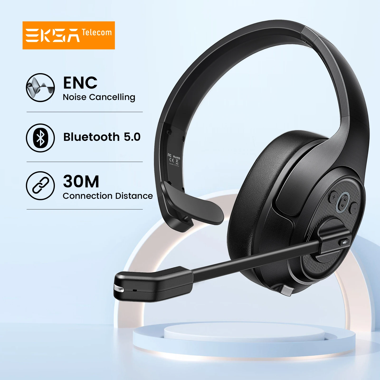 EKSA H1 Wireless Headset Bluetooth 5.0 Headphones With Mic ENC Call Noise Cancelling 30H Playtime For Driver Call Center Office