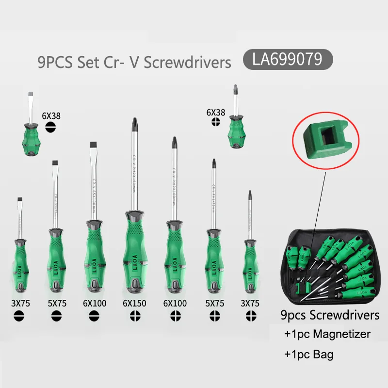 

LAOA Screwdrivers 6PCS/9PCS Set Cr- V Screw Driver Slotted and Phillips Screwdrivers Hand Tools Kit