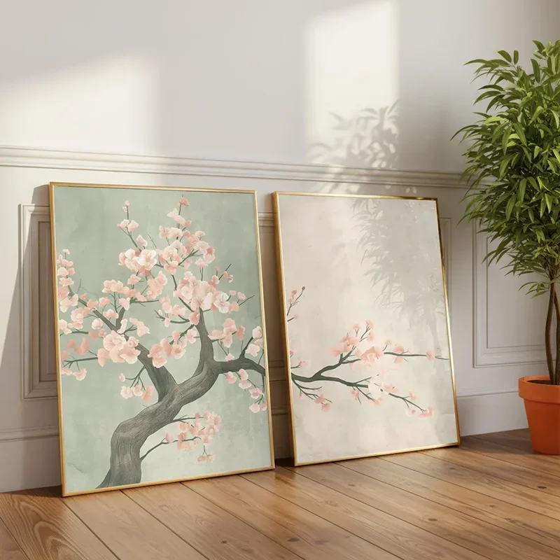 2pcs frameless Canvas Painting 2PCS Pink Cherry Blossom Prints – Minimalist Japanese Botanical Wall Art  Spring Home Poster  Can
