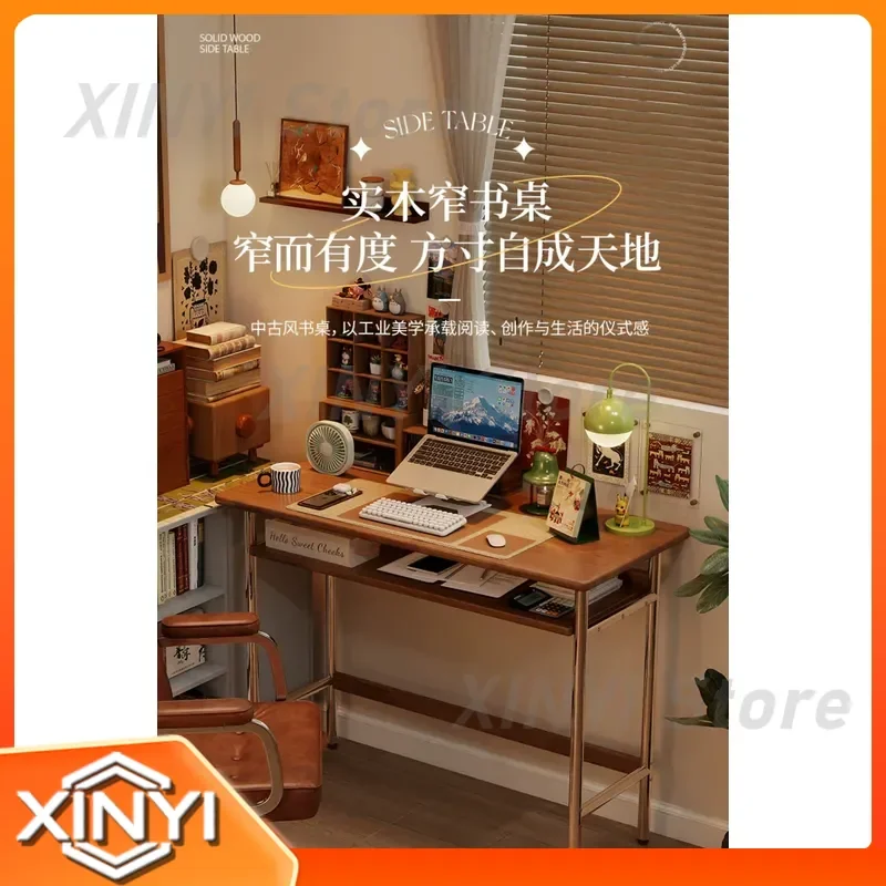 Medieval Solid Wood Desk for Home Student Rental Room Very Narrow Computer Desk for Small Apartment Makeup Desk