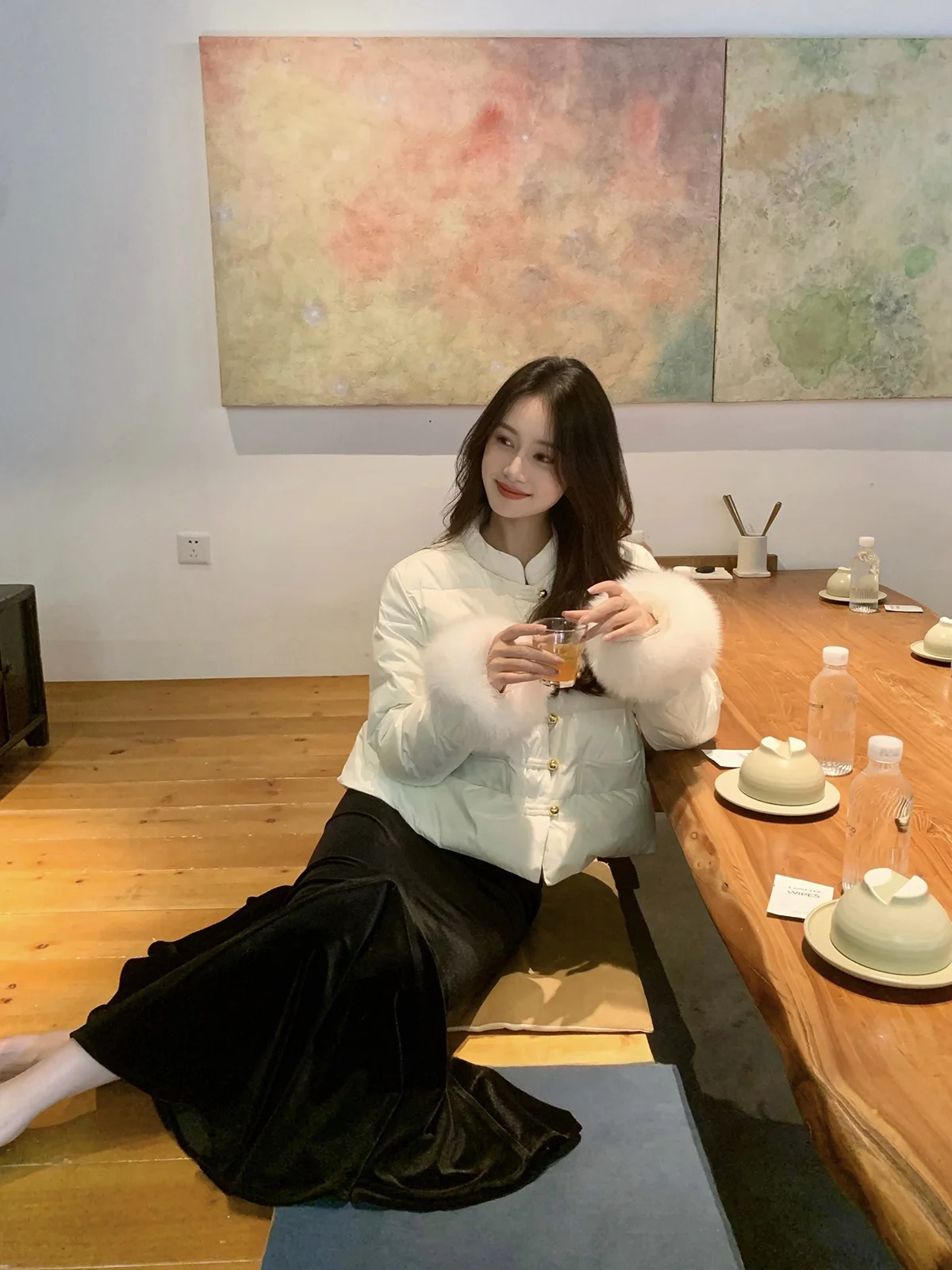 

Gold Button ort Sle down Jaet with Fur Sves Stand Collar Ele New Chinese Sle Women's Faion Coat