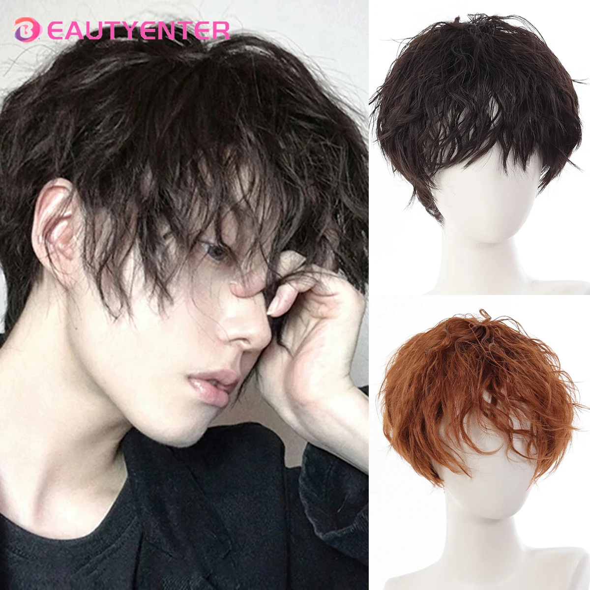 

Synthetic Trend Men Short Natural Curly Wig Black With Bangs Head Type Hair Extension Styling Tools For Cosplay Party Headwear
