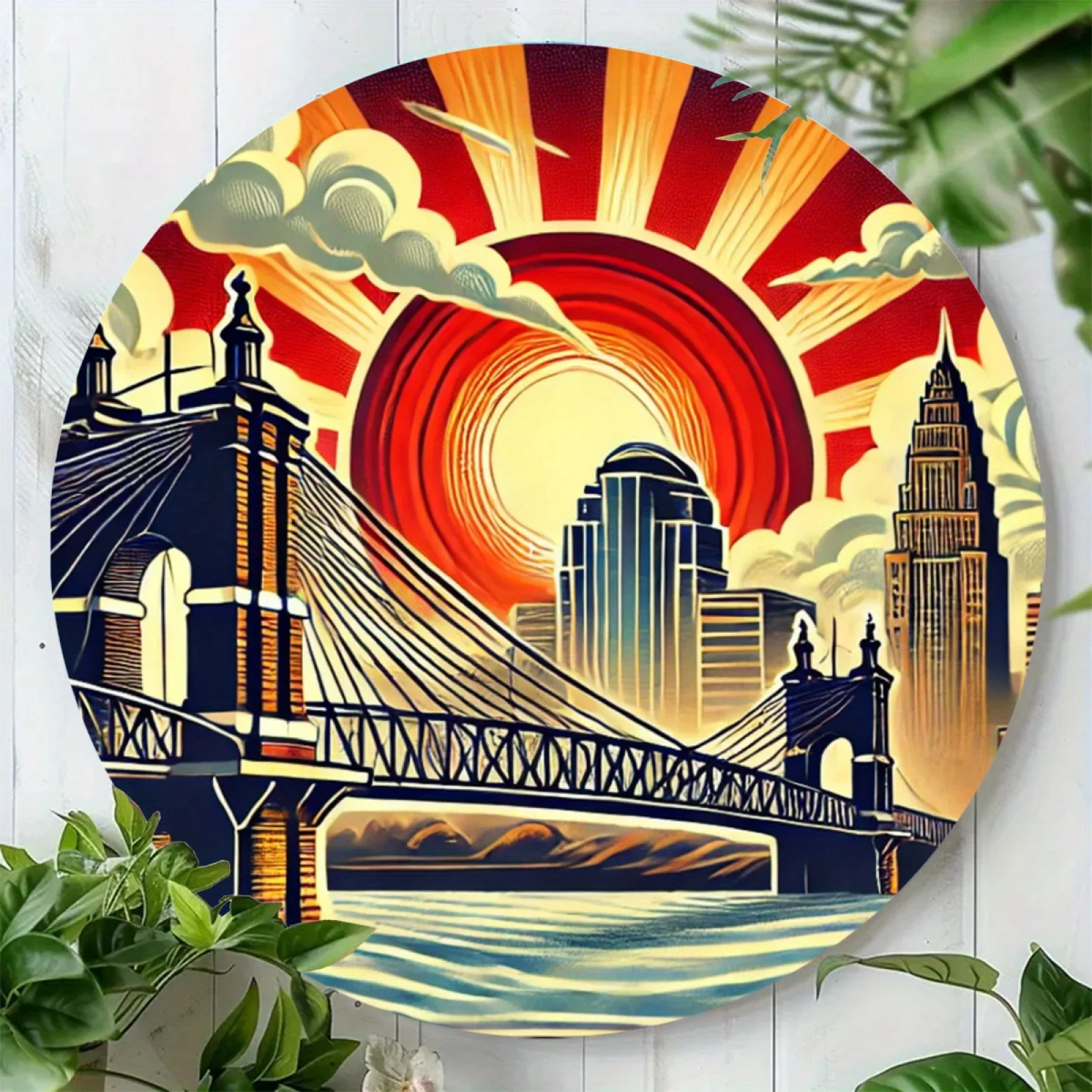 Cincinnati Reds Skyline Metal Wall Art 7.8 Inch Roebling Bridge Round Decor