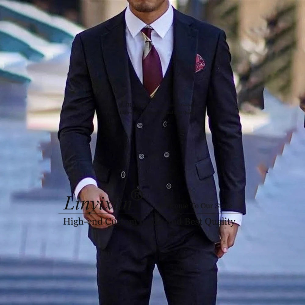 

Fashion Navy Blue Mens Suits 3 Piece Set Formal Business Blazer Slim Fit Wedding Groom Tuxedo Terno Masculino Jacket Vest Pants