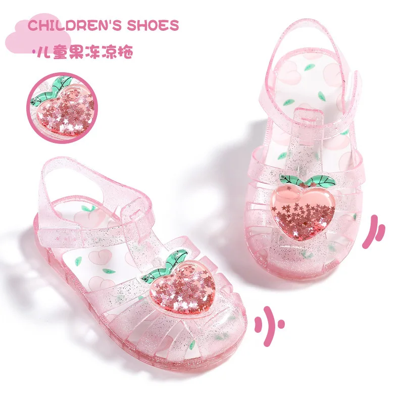 Heart Strawberry Girls Jelly Shoes Sandals Summer PVC Hook Loop Kids Sandals Princess Waterproof Non Slip Children Beach Sandals