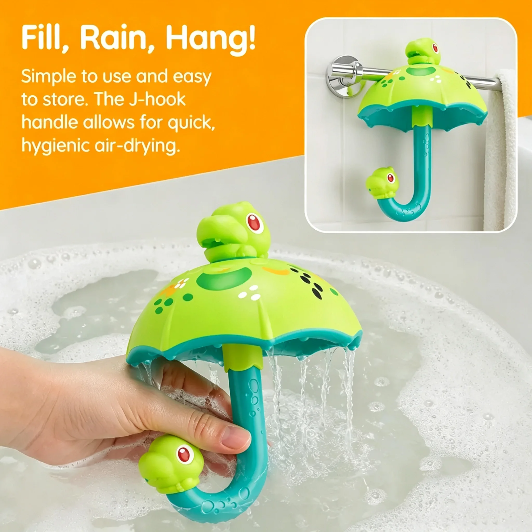 Umbrella Bath Toy for Toddlers – Fill & Rain Shower Water Toy with J-Hook Handle for Hygienic Air-Drying, Fun Bathtub Play for K