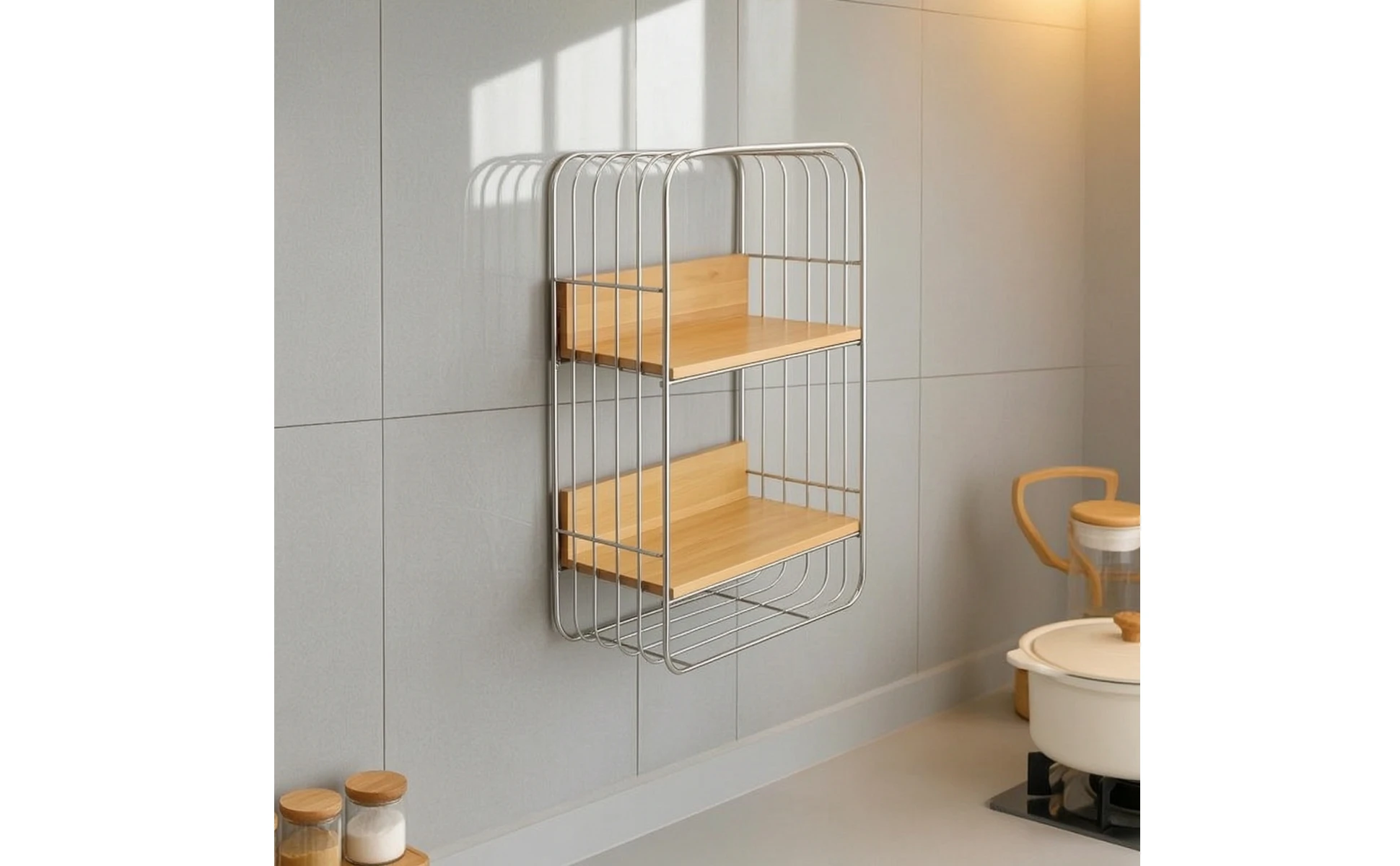 Wall-Mounted Storage Rack Two-Tier Shelf with Wooden Boards Open Shelf Rack Stainless Steel Furniture Metal Frame for Kitchen