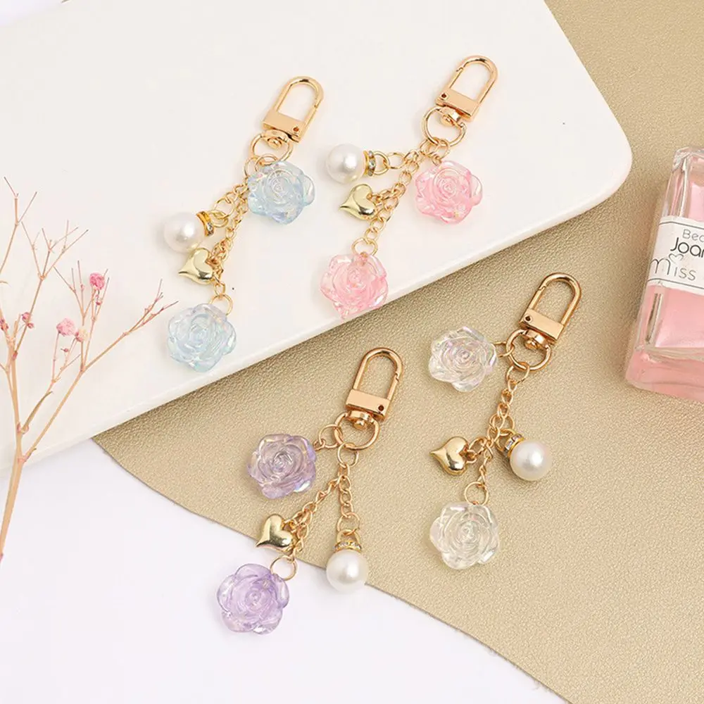 Vintage Rose Flower Pearl Charms Keychain Metal Heart Keyring Women Earphone Cover Pendant Bag Key Chains Decoration Accessories