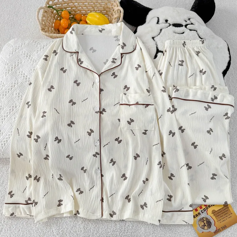 

Autumn New Love Bow Print Women's Pajamas Long Sleeve Set 2Pcs Sweet Cute Lapel Sleepwear Button Down Women's Pajamas Nightwear