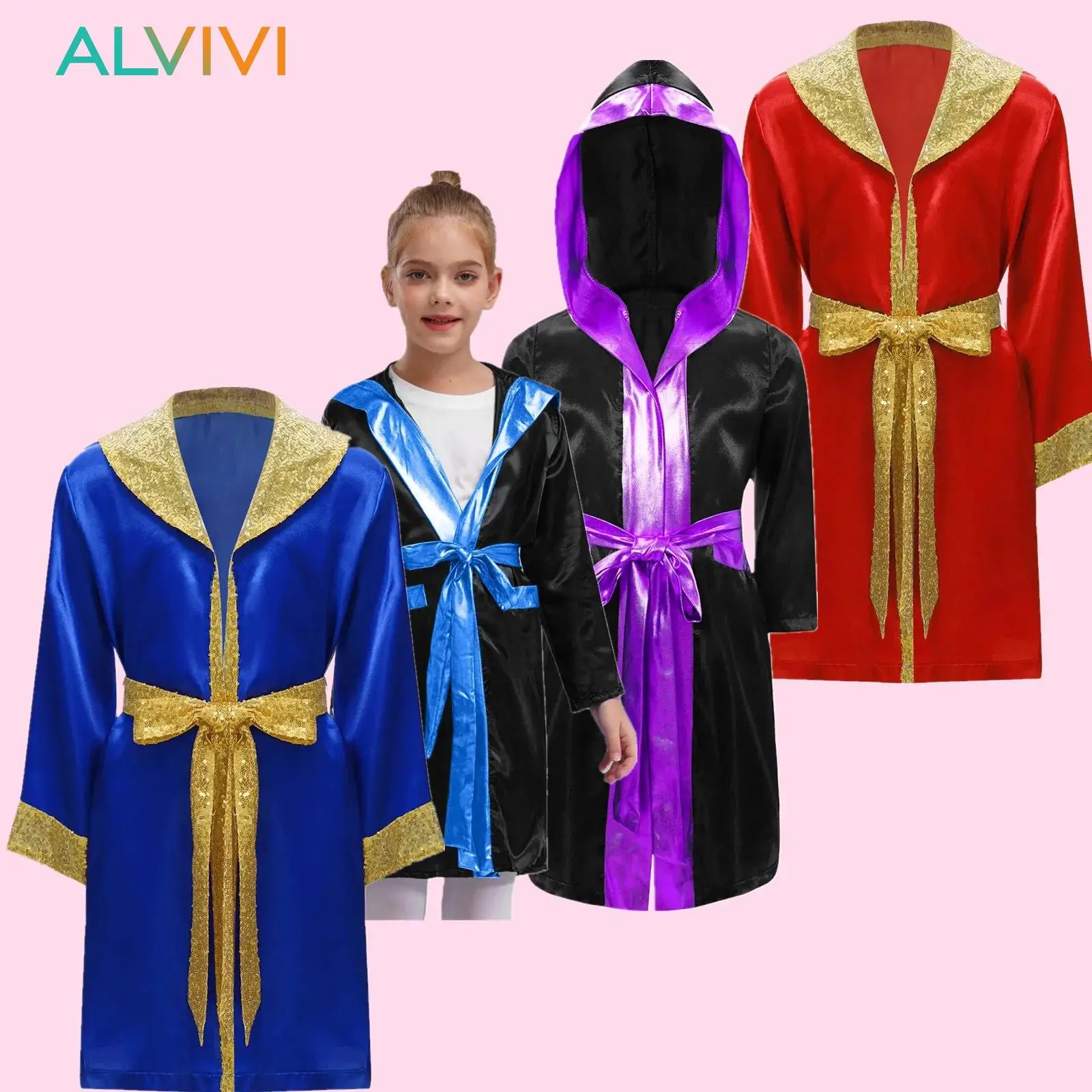 

Kids Boys Sequins Trim Satin Muay Thai Boxing Robe Thai Kickboxing Costume with Sequined Belt Boxing Match Training Outfit