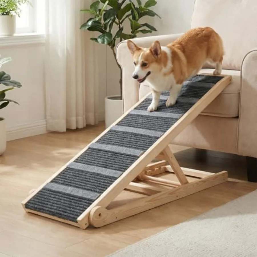 

Dog Ramp for Bed and Couch, Wooden, Natural Wood Color, 47.24 Long with 4 Adjustable Heights 13.7-24.6,Foldable Anti-Slip, Supp