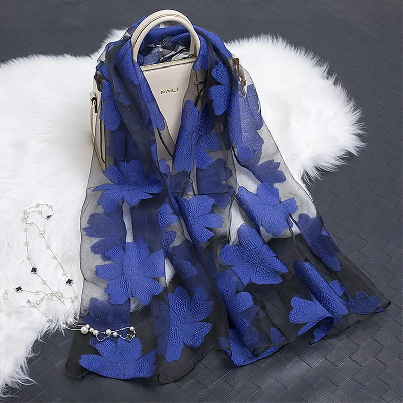 Luxury Summer Breeze Shiny Shawls Wrap Embroidered Floral Silk Scarf Women Party Stoles Organza Gauze Lace Elegant Scarves