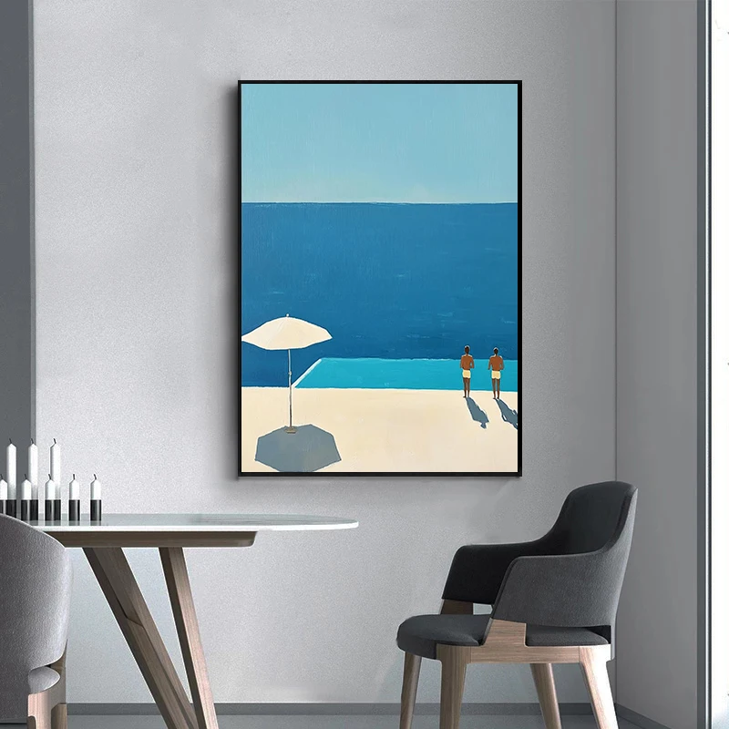 Minimalist Beach Day Tiny People Swimming Pool Ocean Sailing Poster Canvas Painting Print Wall Art Picture for Room Home Decor