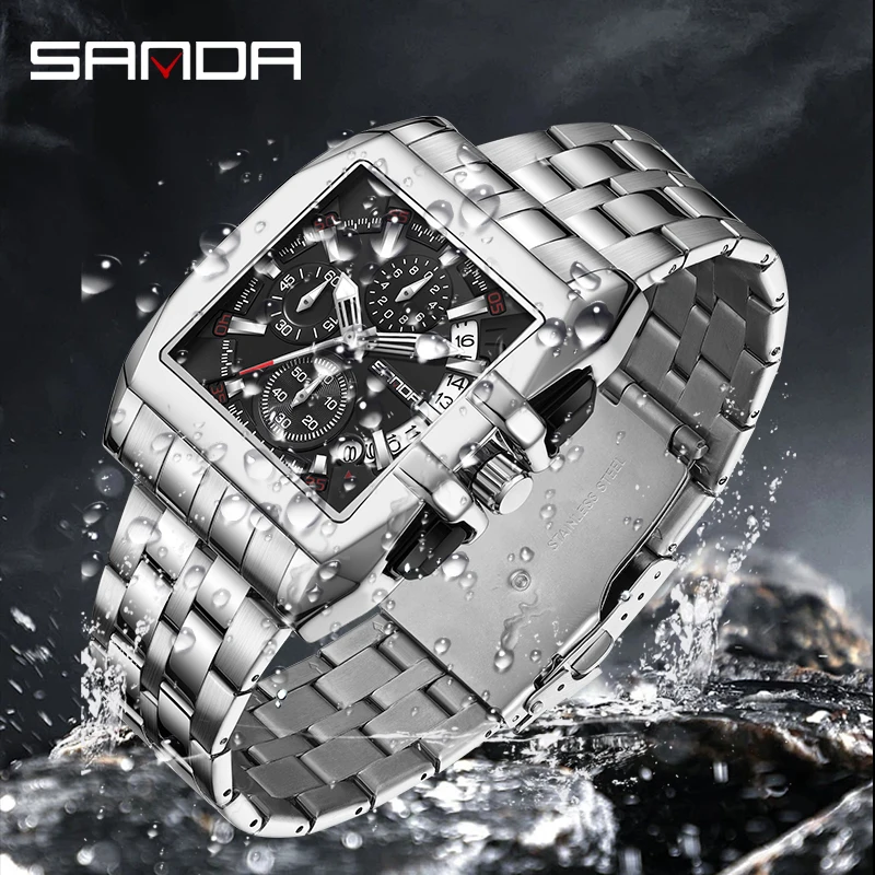 SANDA-reloj de cuarzo con tres ojos y seis agujas para hombre, pulsera cuadrada de acero con calendario, tendencia de moda, nuevo, 5302