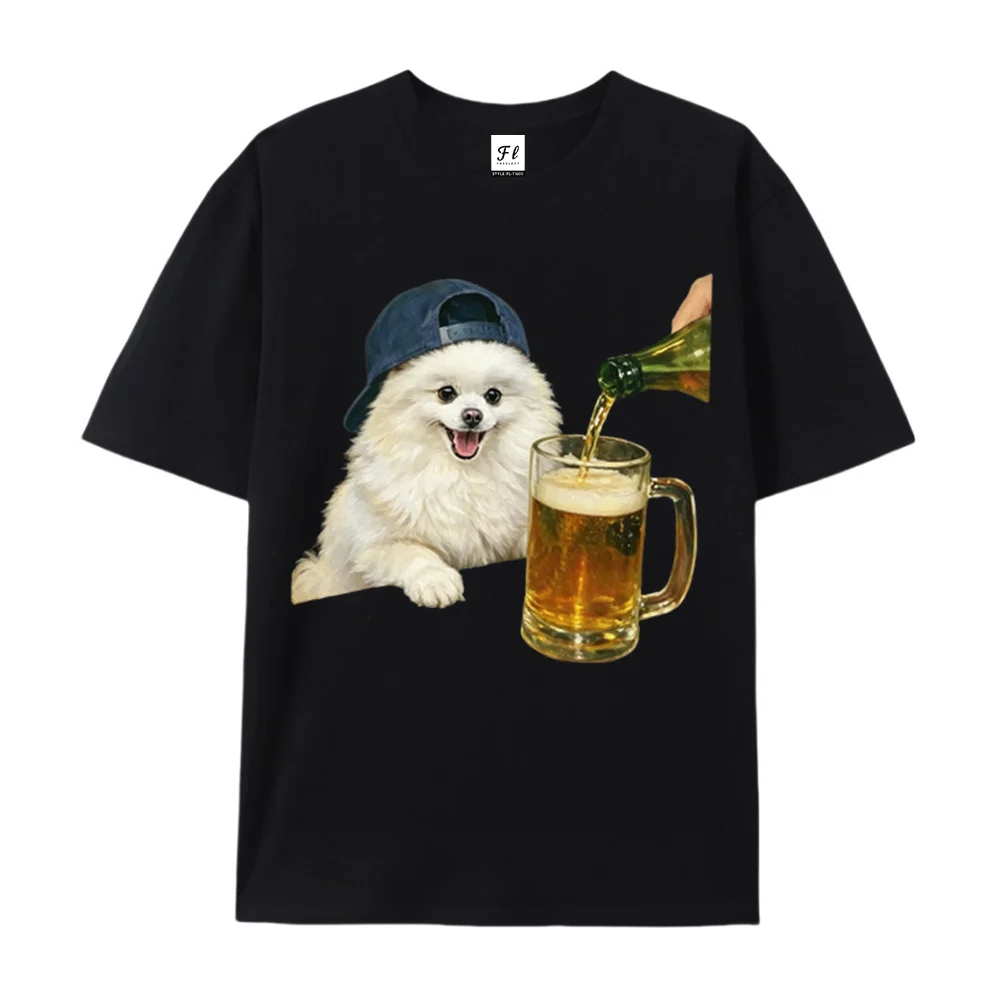 Funny Pomeranian Dog With Cap Mug Graphic T‑Shirt Unisex Vintage Print Casual Short Sleeve Streetwear Tee Hipster Cotton  Gift
