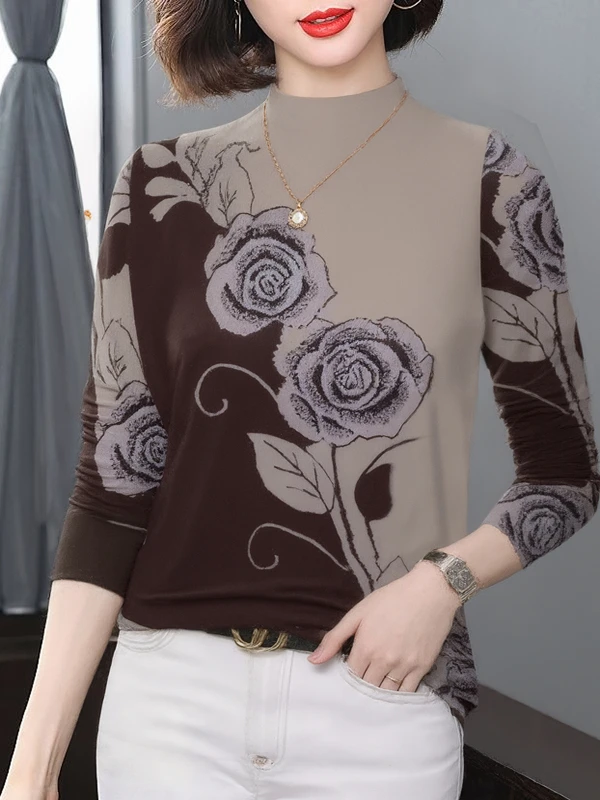 

Элегантный утепленный флисовый лонгслив с принтом и воротником-стойкой для женщин: омолаживающий, скрывающий живот, модный повседневный топ для мам