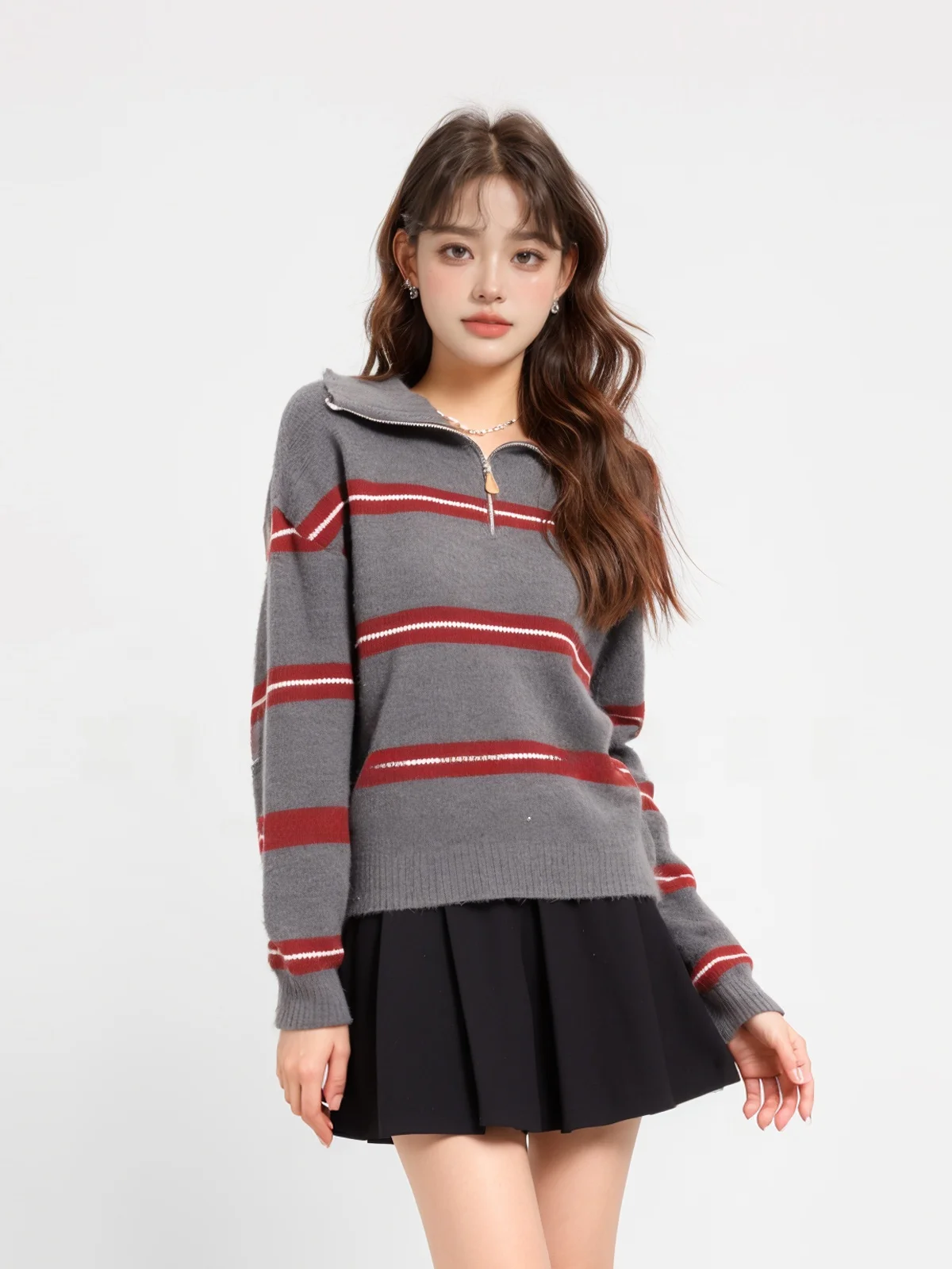 

Вязаный свитер Xinmon Premium Lazy Style с молнией, в полоску, с цветовыми блоками, универсальный, осенне-зимний, модный топ, женская одежда