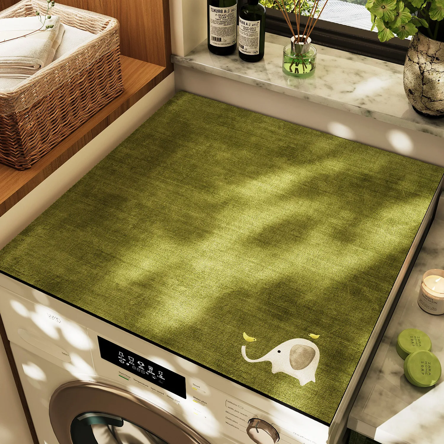 VIKAMA Minimal Elephant Embroidery Washing Machine Top Mat Olive Green Solid Base Waterproof Anti Dust Dryer Cabinet Pad