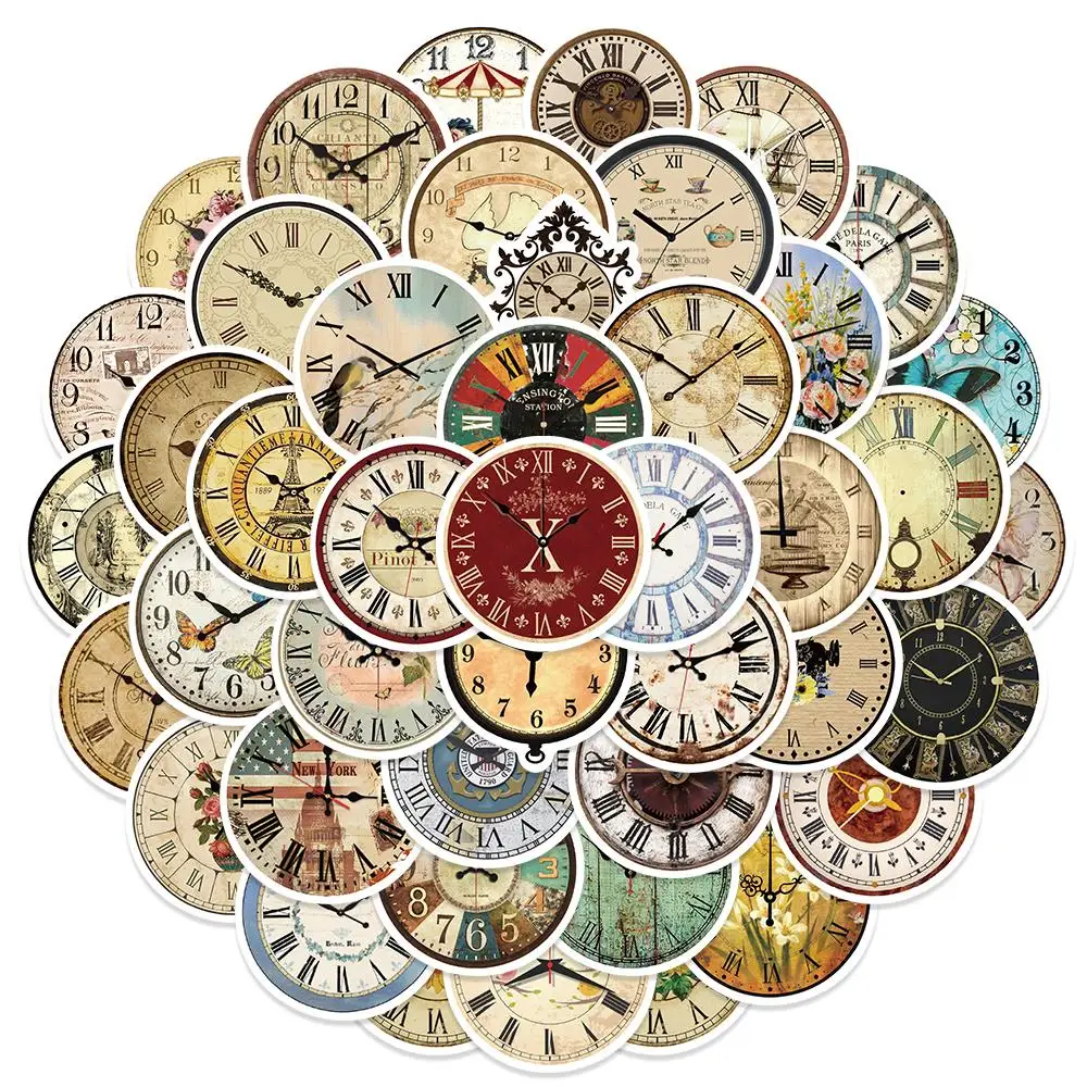 50Pcs Vintage Clock Stickers Art Retro Journaling Scrapbooking Stickers for Water Bottle Laptop Computer Phone Tumbler iPad