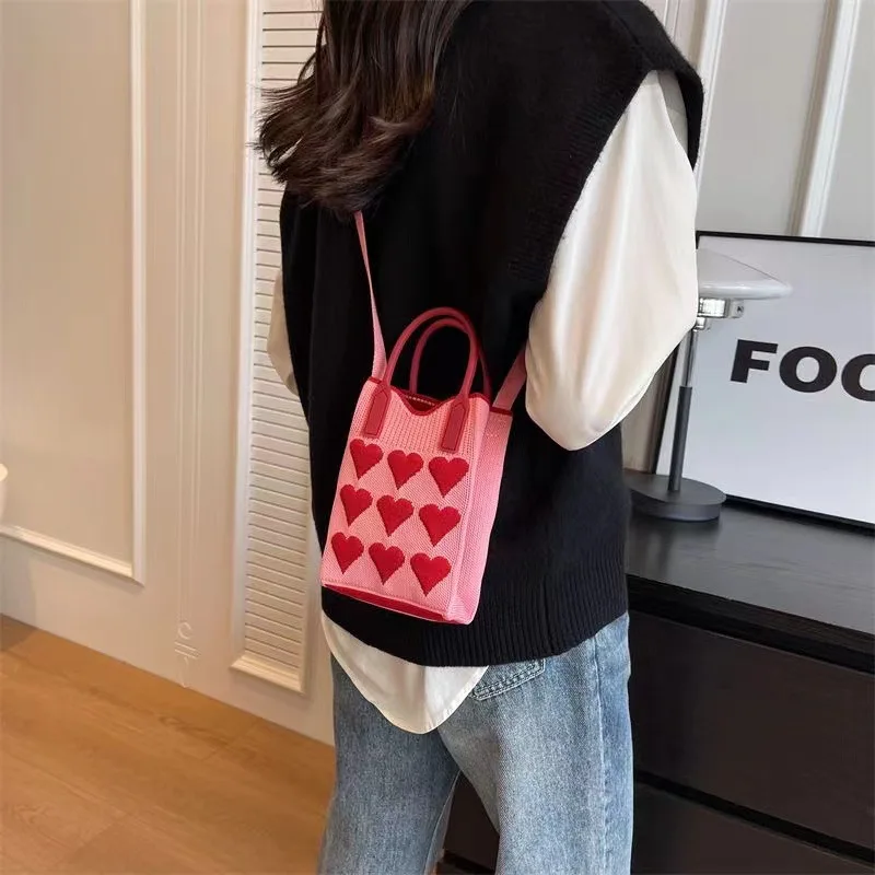 Women's Bag Super Cute Mini Knitted Mobile Phone Bag Checkered Wave Crossbody Bag Contrasting Color Handbag For Students