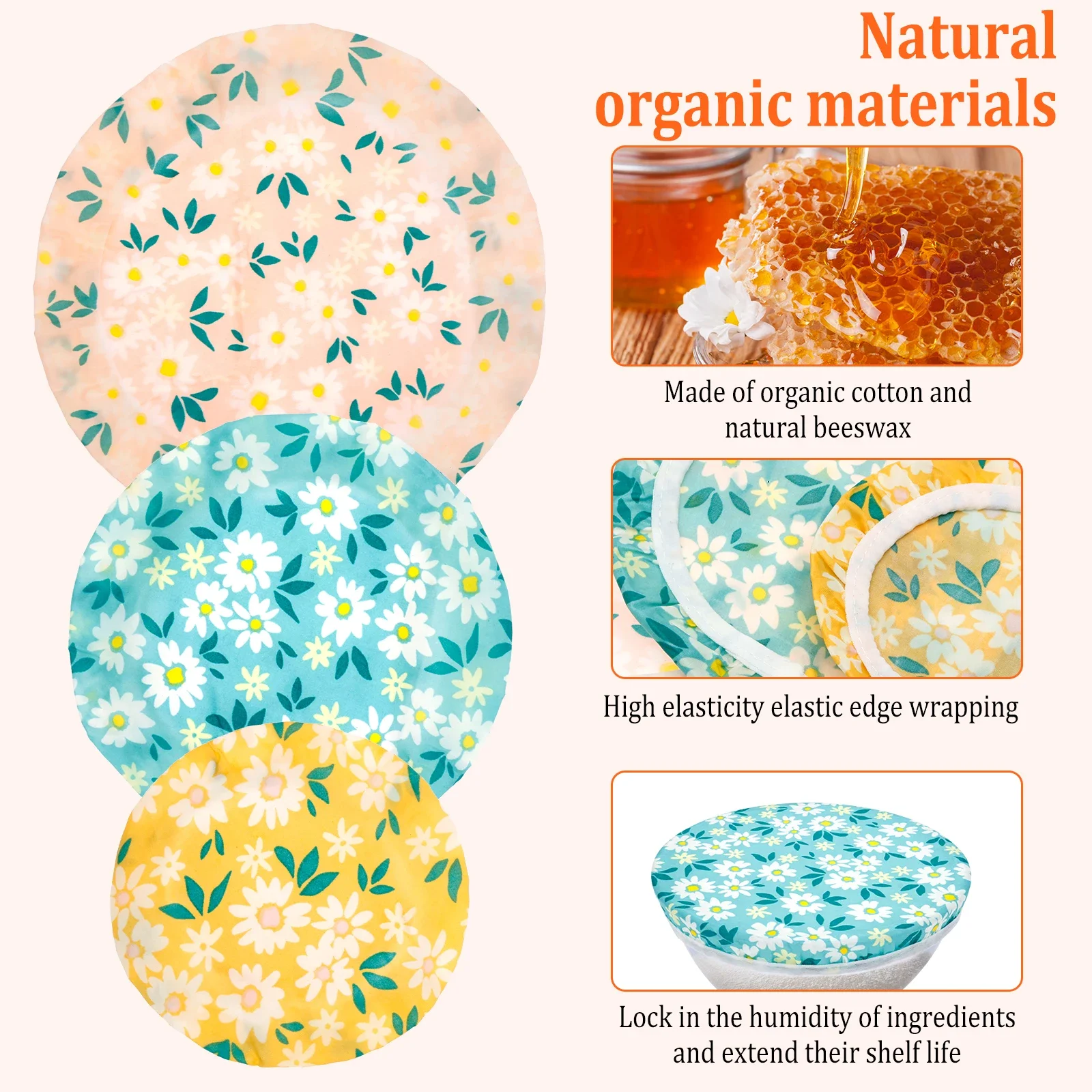 3Pcs Bowl Covers Cotton Beeswax Bread Food Covers Wraps Reusable Elastic Rim Sourdough Fermentation Kitchen Food Preservation