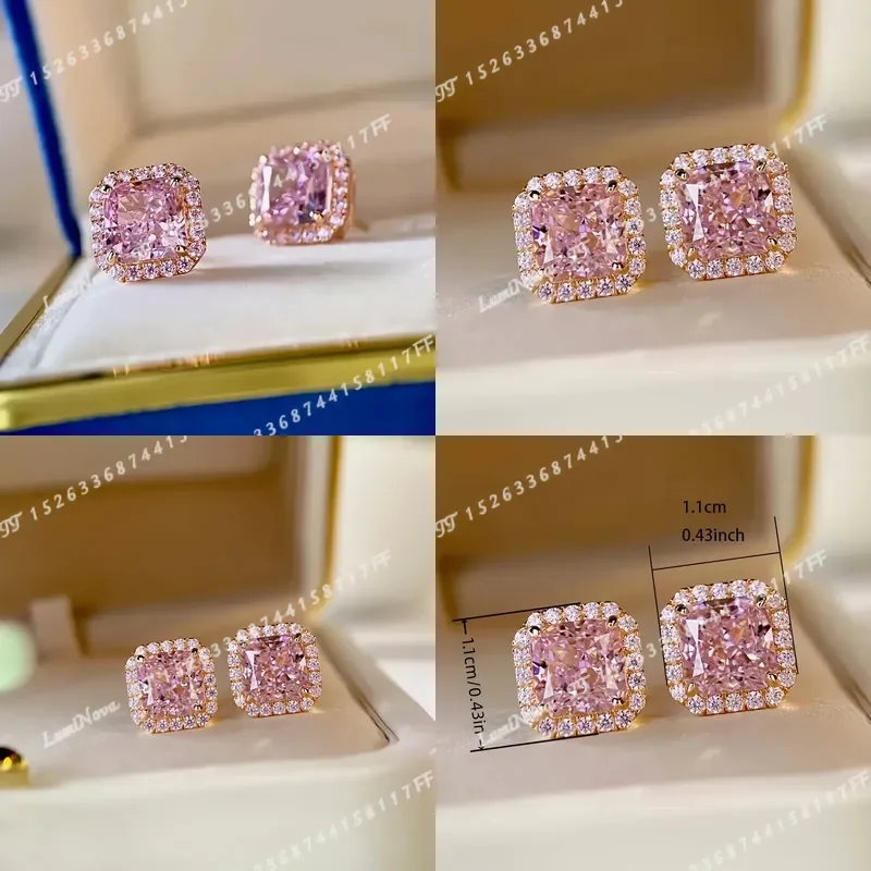 Luxury Pink Synthetic Zirconia Stud Earrings for Women Elegant Jewelry for Wedding Engagement Party Daily Wear No Box