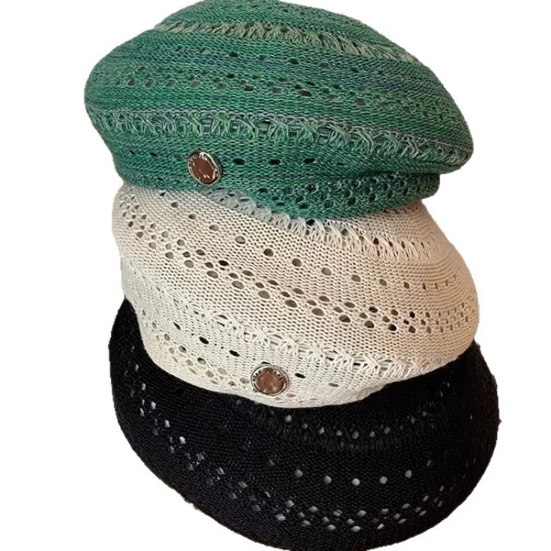 Afbeelding 5: Retro uitgeholde gebreide baret dames zomerse gezichtsverkleinende trendy kunstenaarshoed modeontwerp
