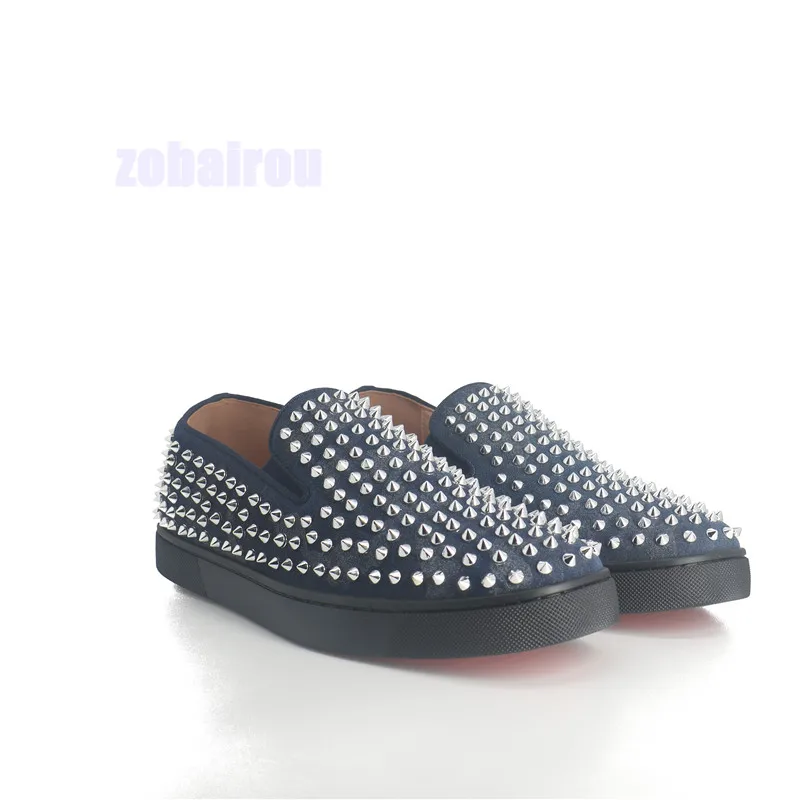 

Newest Fashion Men Handmade Studs Spike Shoes Shining Rivets Dark Blue Loafers Shoes Runway Party Wedding Shoes