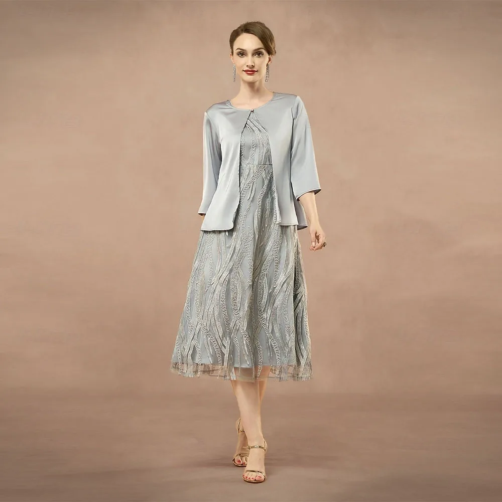 

Элегантное платье трапеции для матери невесты из двух частей, кружево чайной длины, рукав 3/4 с кружевом с аппликацией, 2025 г., по индивидуальному заказу