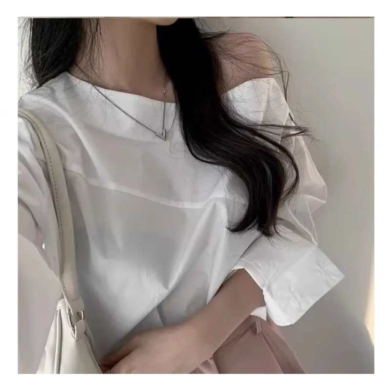 

Blouse Women 2025 New Spring Autumn Design Off-the-shoulder Personality Loose Long Sleeve Shirt Women's Clothing Xfsp