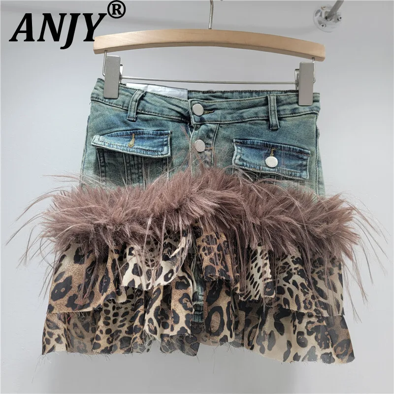 ANJY Summer New Women American Y2K Style Hot Girl Cake Denim Short Skirt Trendy Leopard Print Patchwork Furry Mini Skirts A11604