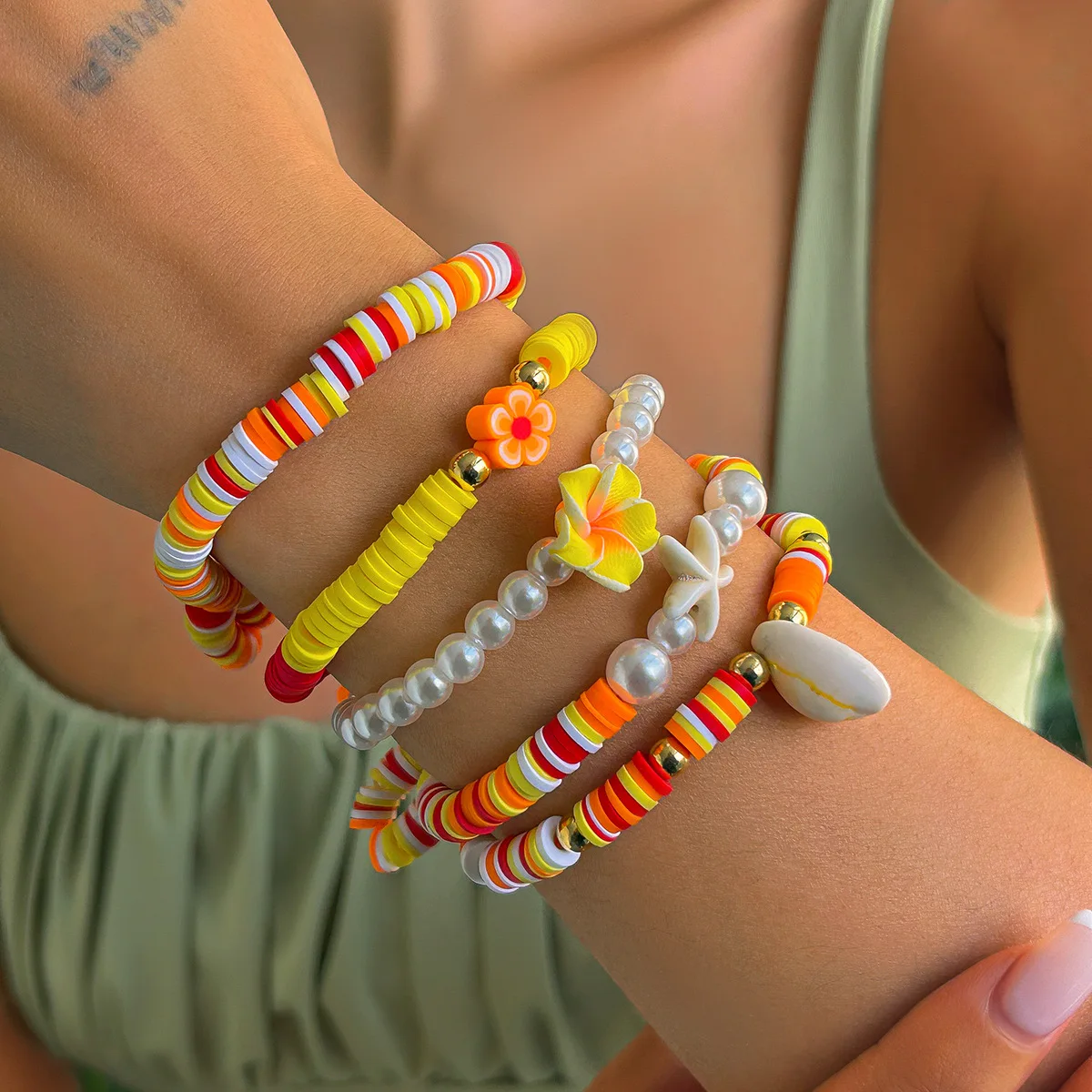 Premium Polymer Clay Shell Bracelet Set Bohemian Beaded Colorful Flowers Beach Vacation Stackable Jewelry