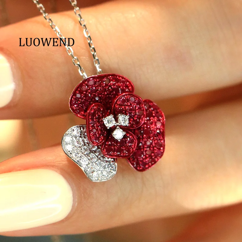 

LUOWEND 100% 18K White Gold Necklace Luxury Rose Design Shiny Diamond Natural Ruby Pendant Necklace for Women High Party Jewelry