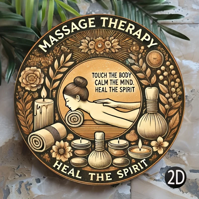 2D Flat - 1pc Retro Massage Therapy Metal Wall Art - 2D Iron Sign for Body & Mind Relaxation, Round Plaque with Spa-Themed Desig