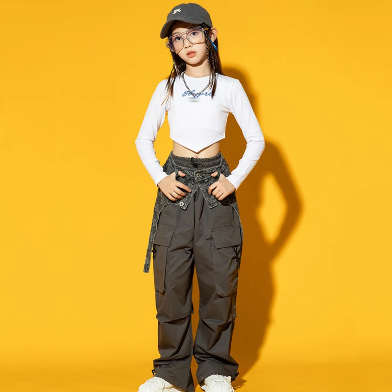 Outfit Kids Hip Hop Clothing Rave Wear New Modern Jazz Dance Costume Girls Crop Tops Loose Cargo Pants Long Sleeves Kpop