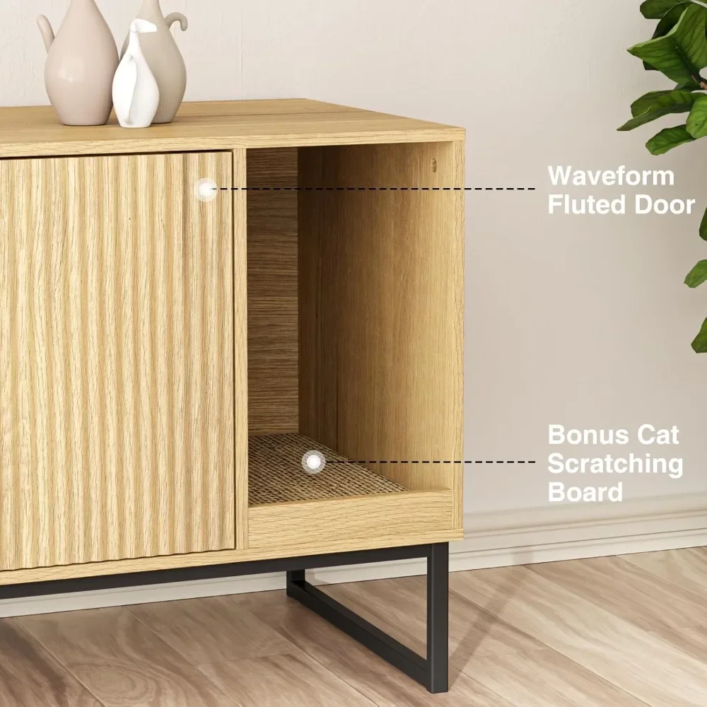 Cat Litter Box Enclosure, Fluted Hidden Litter Box Furniture with Cat Scratch Pad, 2 Doors Enclosed Litter Box Cabinet