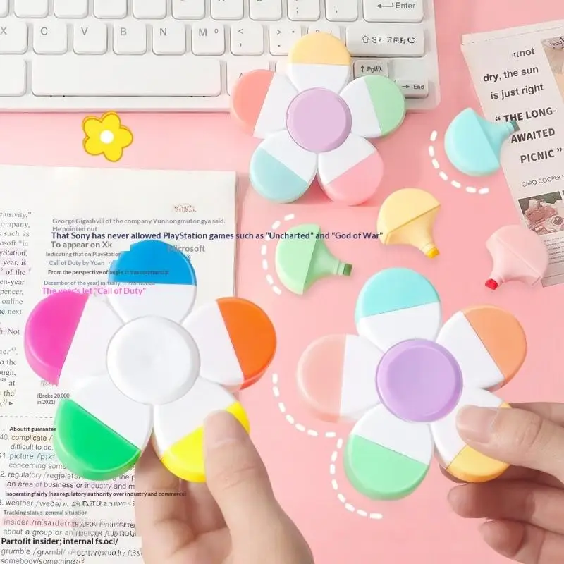 New 1Pcs Flower Shape Watercolor Colors 5-In-1 Fluorescent Pens Fingertip Spiral Highlighter Pen For School Office Stationery