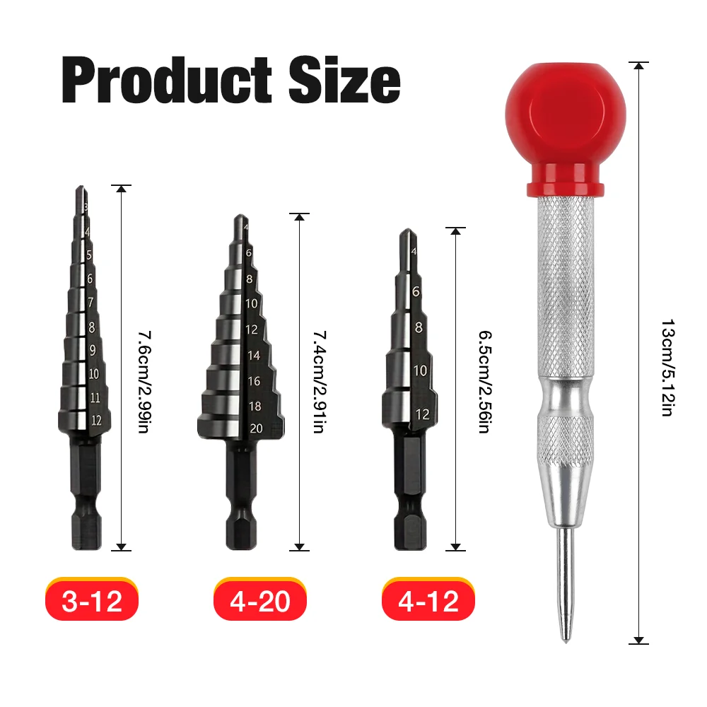 Juego de 3 brocas escalonadas de ranura recta con punzón central de resorte, vástago hexagonal, 3-1/4-1/4-20, recubrimiento de nitruro, cortador de agujeros cónicos para madera y metal.