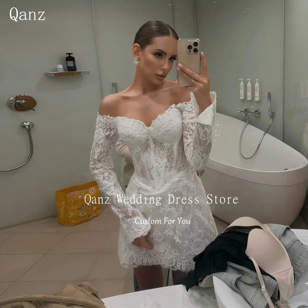 

Роскошное свадебное платье Qanz с кружевными аппликациями, короткое, с длинными рукавами, А-силуэт, на заказ