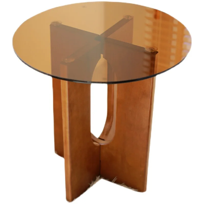 

Sofa coffee table tempered glass corner table, solid wood small round table edge table