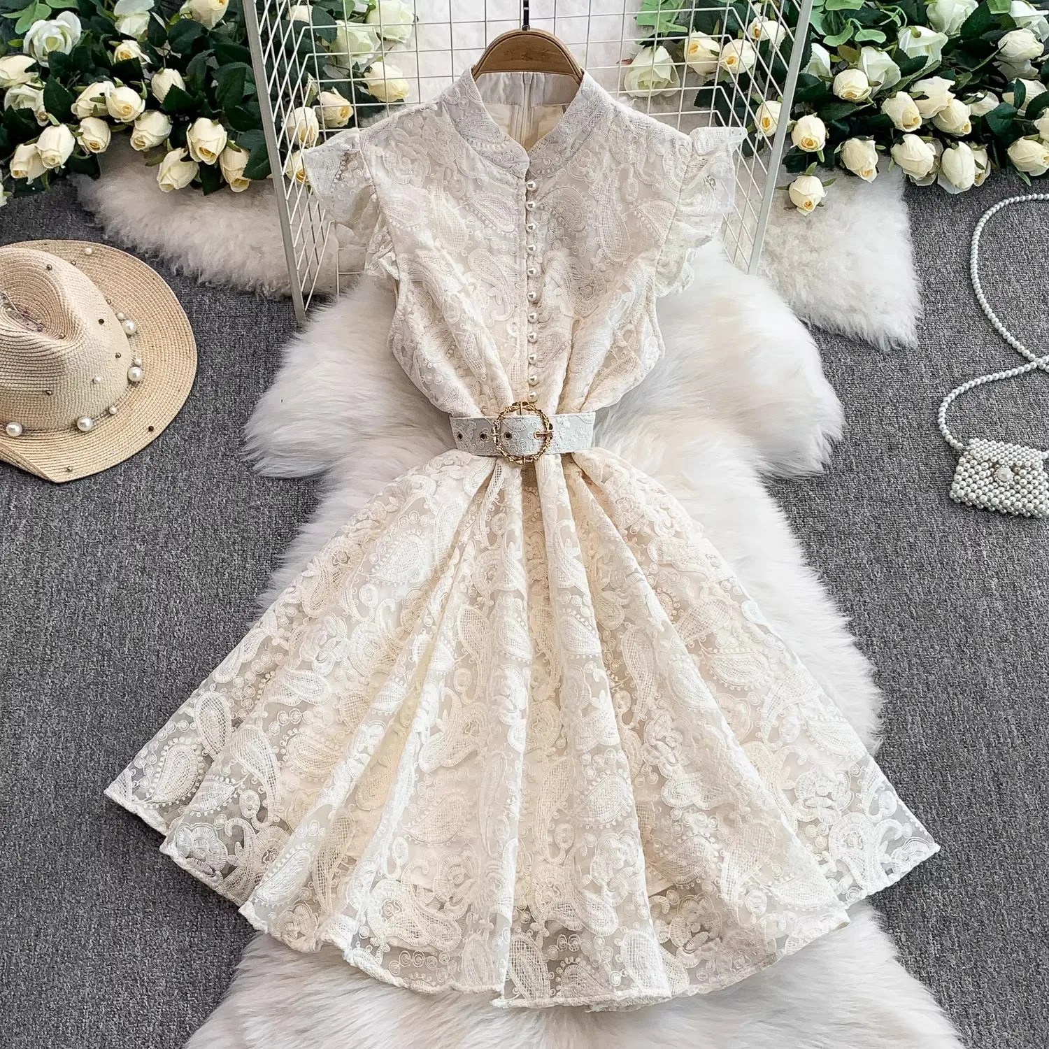 

Holiday Crochet Lace Hollow Out Embroidery Dresses Women's Stand Collar Flying Sleeve Pearl Buttons Belt Mini Party Vestidos