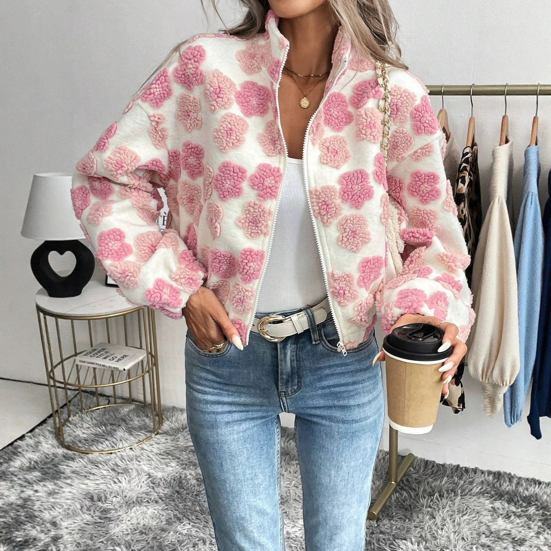 Y2K Autumn and Winter Women's 3D Plush Jacquard Zipper Jacket, Fashionable and Casual High Street