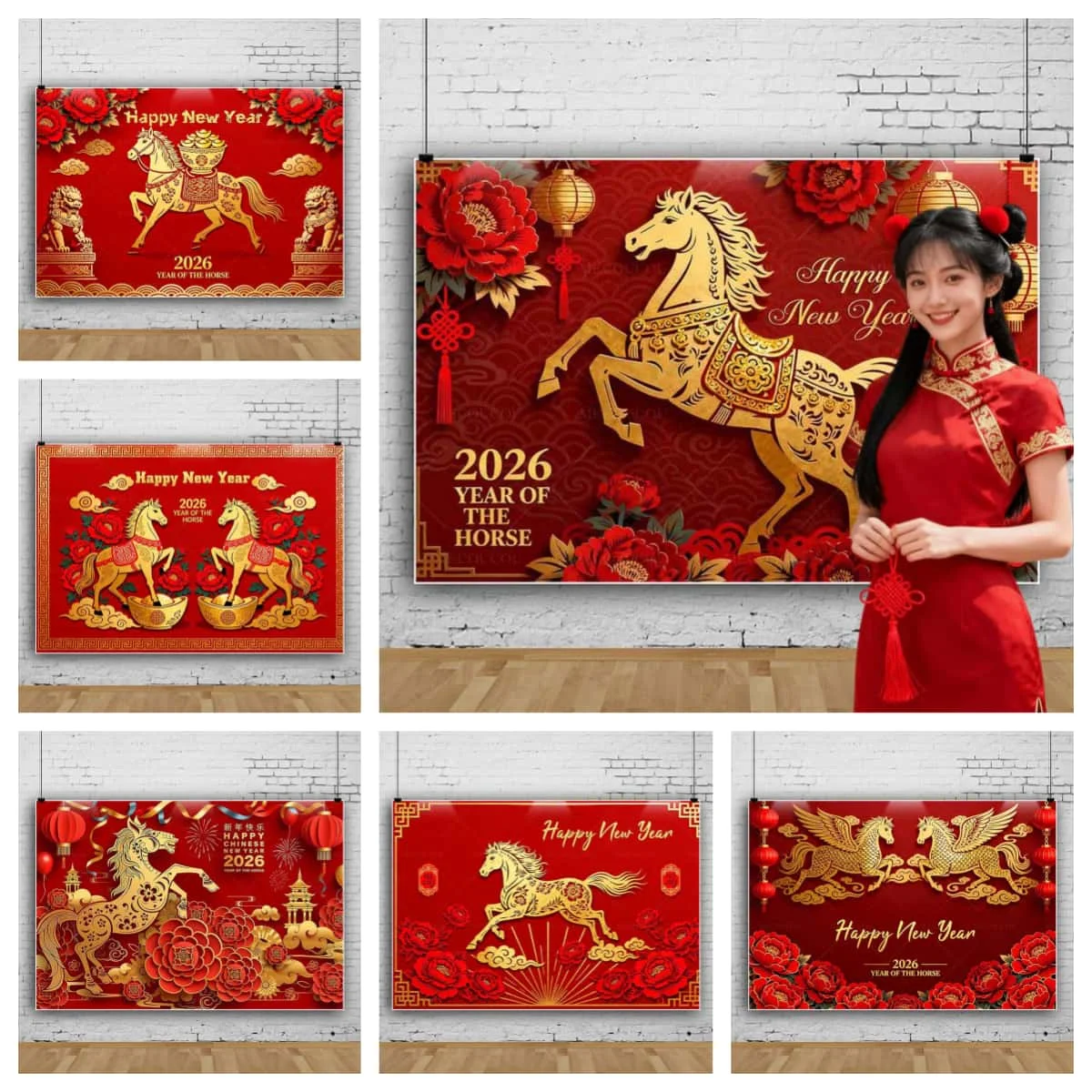 

Фон для фотосъемки в китайском стиле с Новым годом 2026, красные цветы, фонарь, Новый год, вечеринка, семейная вечеринка, фон