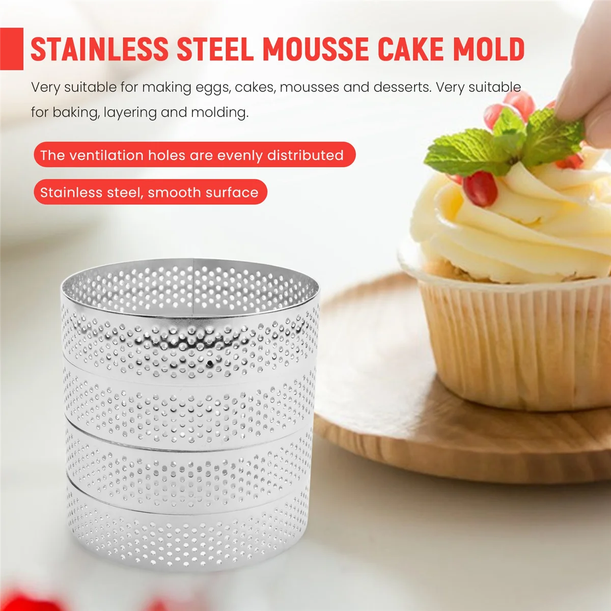 A88X 8Pcs 8cm Stainless Steel Tartlet Molds French Dessert Mousse Fruit Pie Tart Ring Quiche Cake Mold
